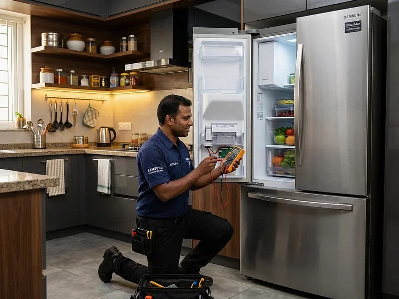 Technician testing Bosch VarioInverter refrigerator temperature thermistor with digital meter