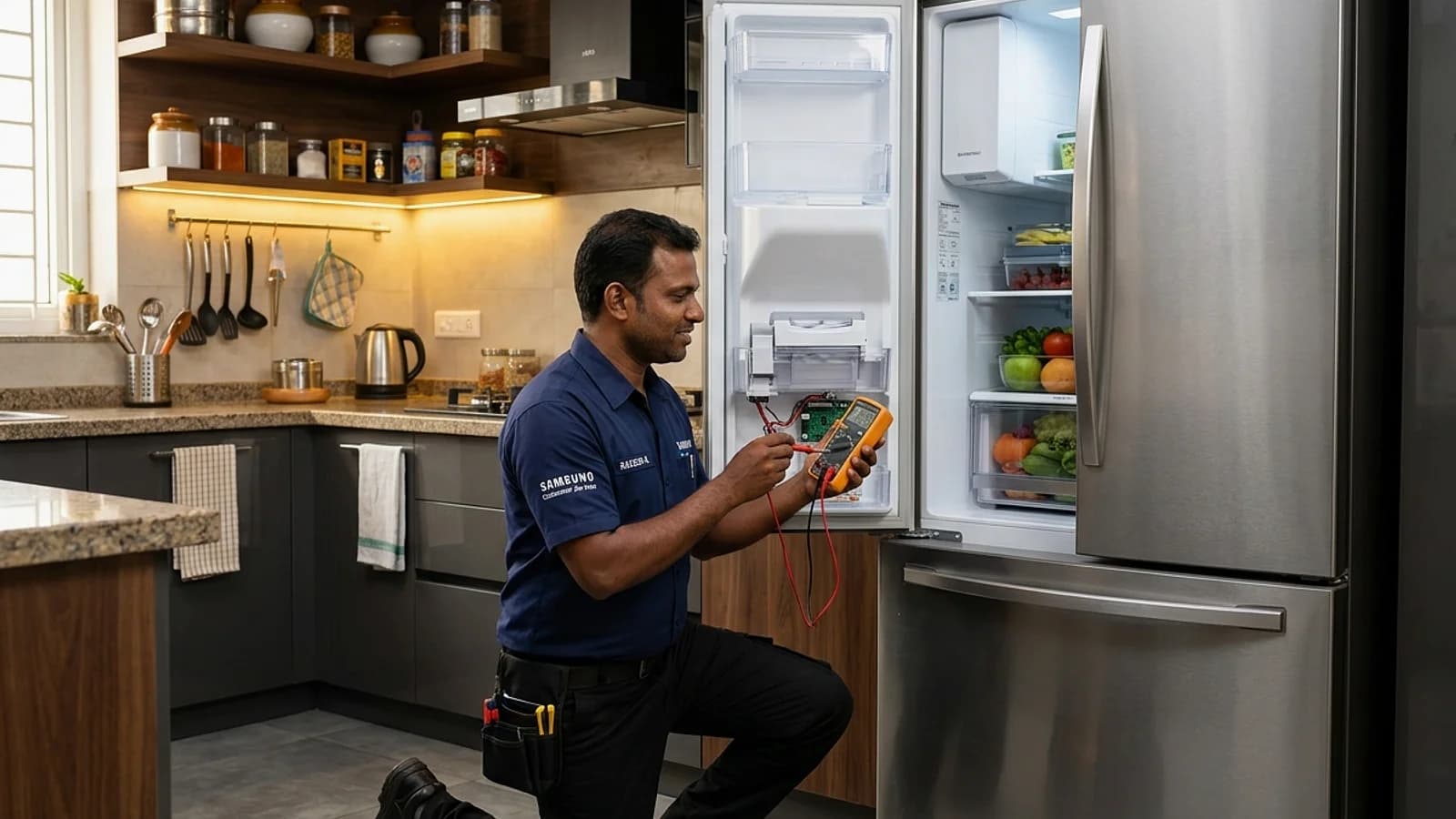 Technician inspecting Bosch VarioInverter refrigerator cooling coils with electronic meter