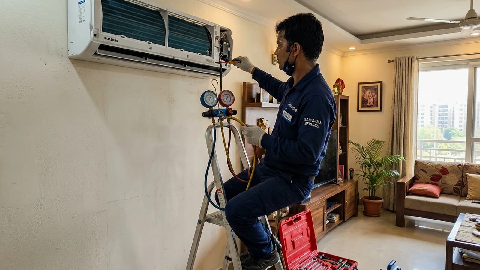 HVAC technician maintaining split air conditioning unit in Gurgaon residence