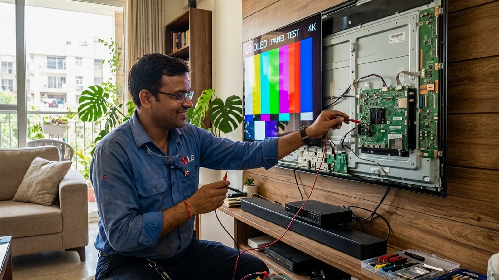 Display technician troubleshooting television motherboard and backlight circuits