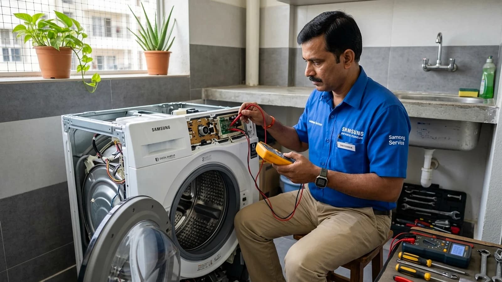 Haier technician servicing Direct Motion front load washing machine in Indian apartment