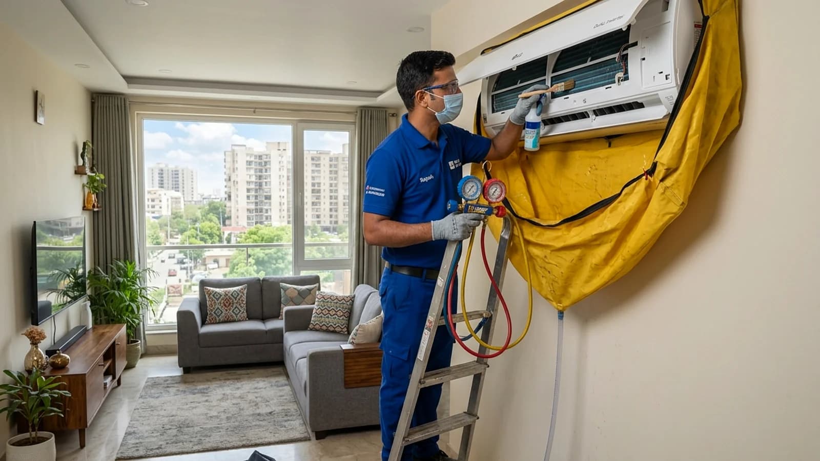 HVAC engineer servicing Haier Triple Inverter split air conditioner in Delhi home
