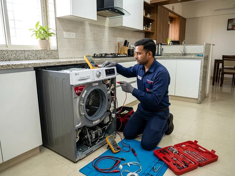 Technician replacing drum bearing on IFB Senator front-load washing machine in Indian utility room