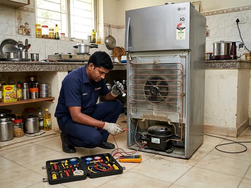 Engineer checking refrigerator cooling system and sealed gas lines in Delhi residence