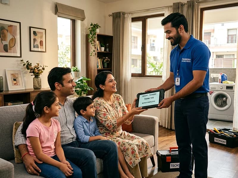 Friendly technician completing IFB home appliance repair with Indian customer in Noida