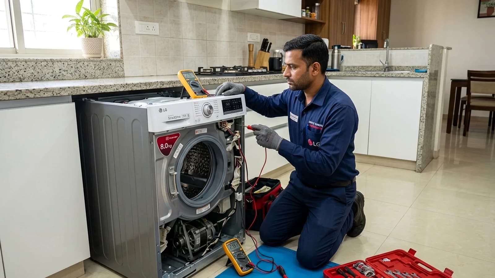 IFB technician repairing Senator front load washing machine drum suspension in Delhi home