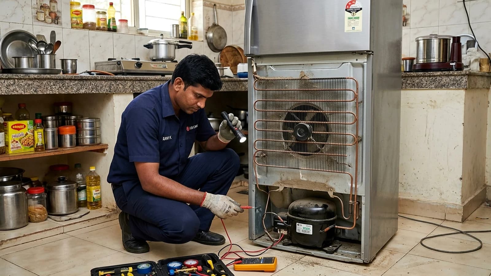 Service technician inspecting refrigerator compressor and sealed refrigerant lines