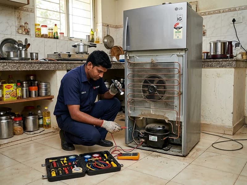 Doorstep technician inspecting LG Smart Inverter refrigerator compressor and cooling coils