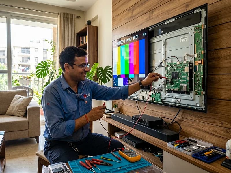Display technician troubleshooting LG OLED 4K Smart TV backlight and motherboard