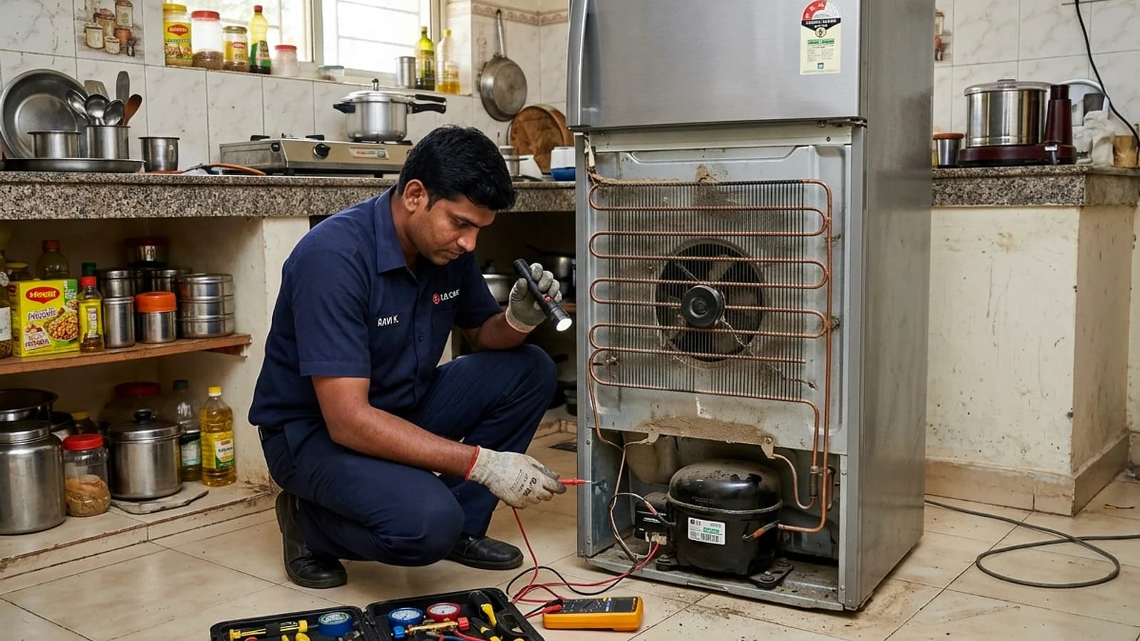 LG technician inspecting Smart Inverter compressor on double-door refrigerator in India