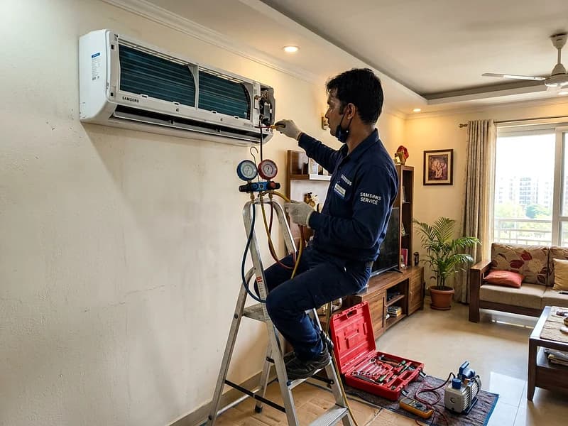 Technician checking refrigerant pressure and electrical lines on Marq Inverter Split AC in Delhi