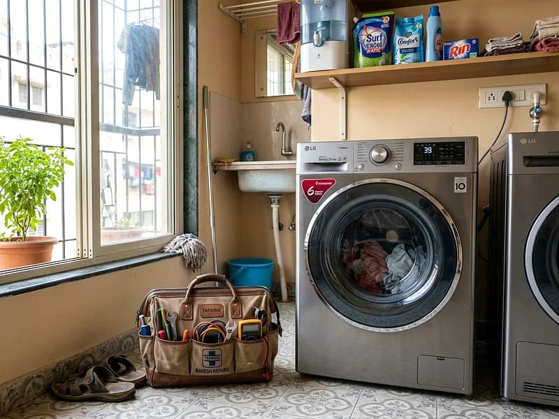 Engineer replacing drive belt and drain motor on Marq TurboWash washing machine in Ghaziabad