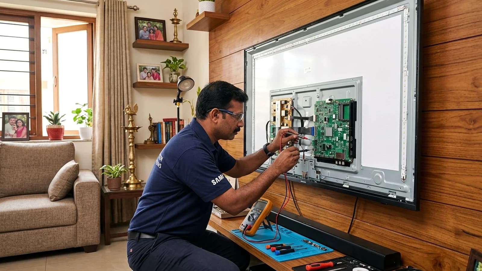 Display specialist testing smart TV motherboard and Android OS processor board