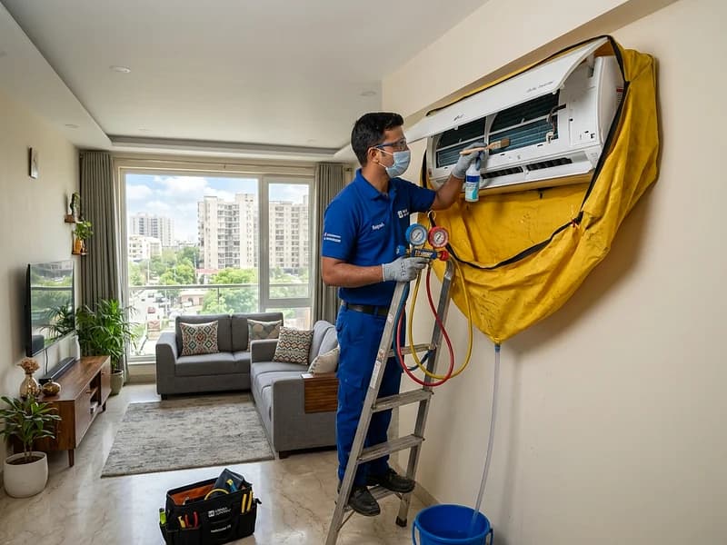 Technician servicing Panasonic MiraIE Smart Inverter split AC with pressure gauges in Gurgaon home