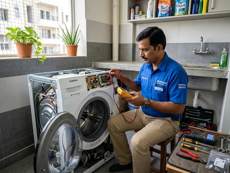 Diagnostic engineer testing Panasonic StainMaster washing machine electronic control unit