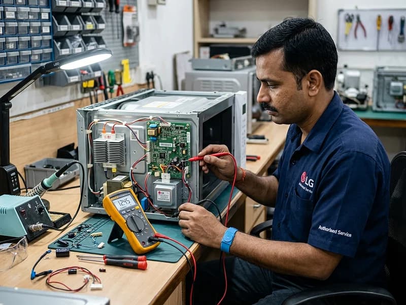 Technician repairing Panasonic convection microwave touchpad and magnetron on test bench