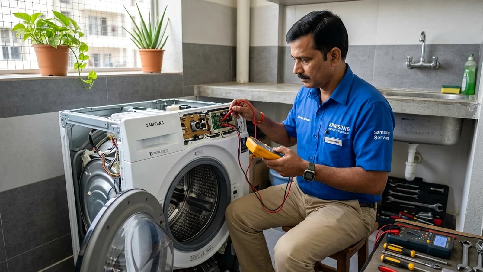 Technician diagnosing StainMaster washing machine electronic control unit in Delhi