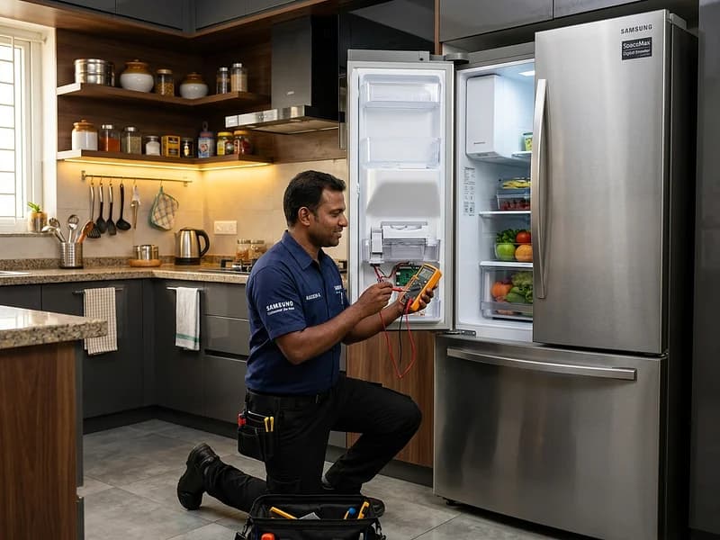 Engineer diagnosing cooling issues on Samsung SpaceMax French Door Refrigerator in Delhi modular kitchen