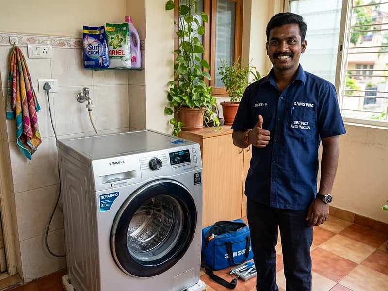 Happy Indian homeowner giving thumbs up next to restored Samsung washing machine