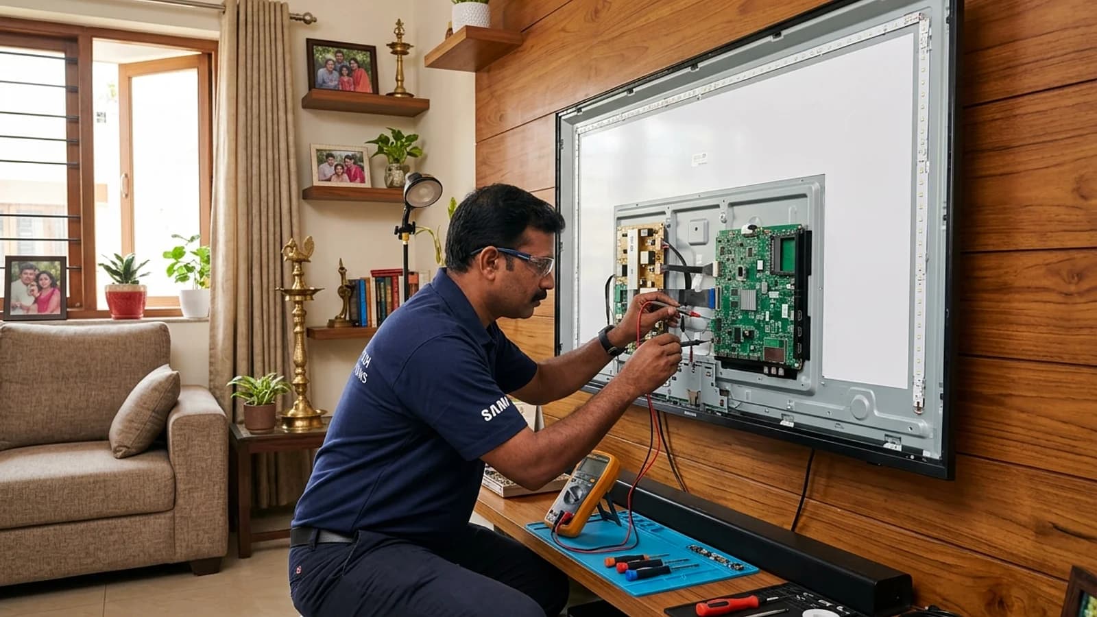 Display engineer repairing Samsung QLED 4K Smart TV motherboard and LED backlight