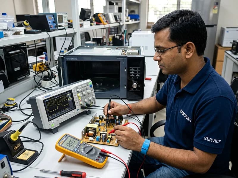 Electronics specialist testing Sharp Carousel microwave oven high-voltage diode and magnetron