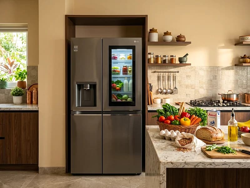 Engineer inspecting Sharp J-Tech Inverter refrigerator compressor in modular Indian kitchen