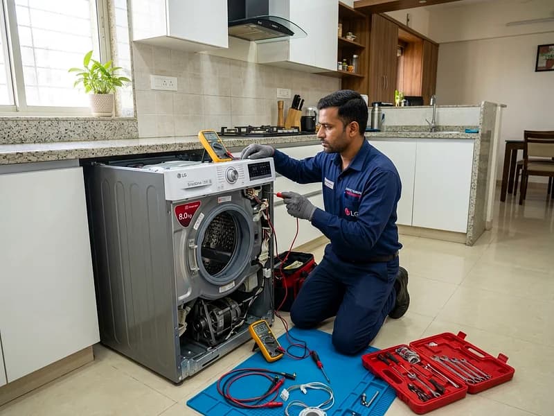 Technician testing smart washing machine control circuitry and motor electronics