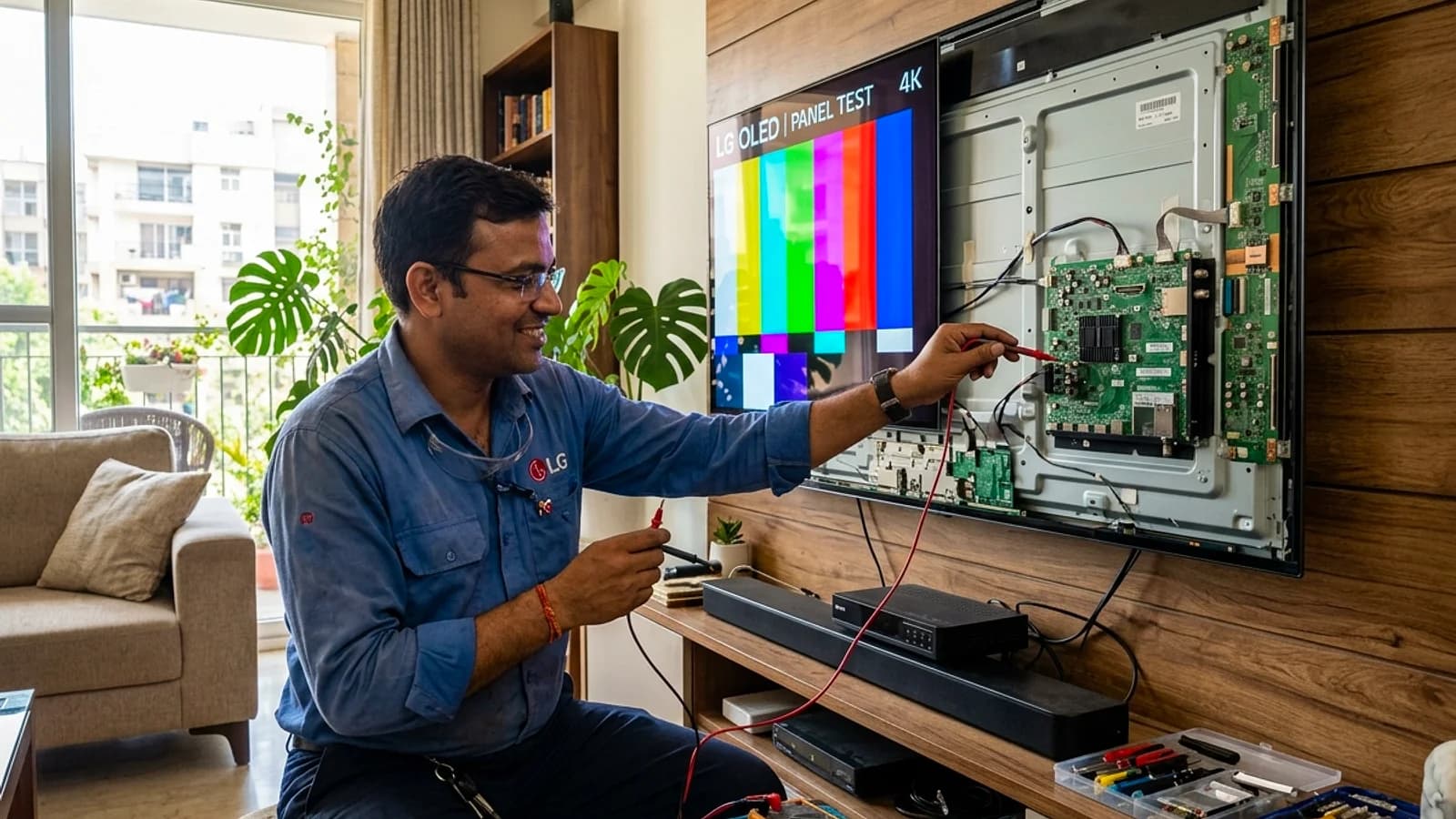 Sony BRAVIA technician testing OLED 4K display panel and motherboard in New Delhi