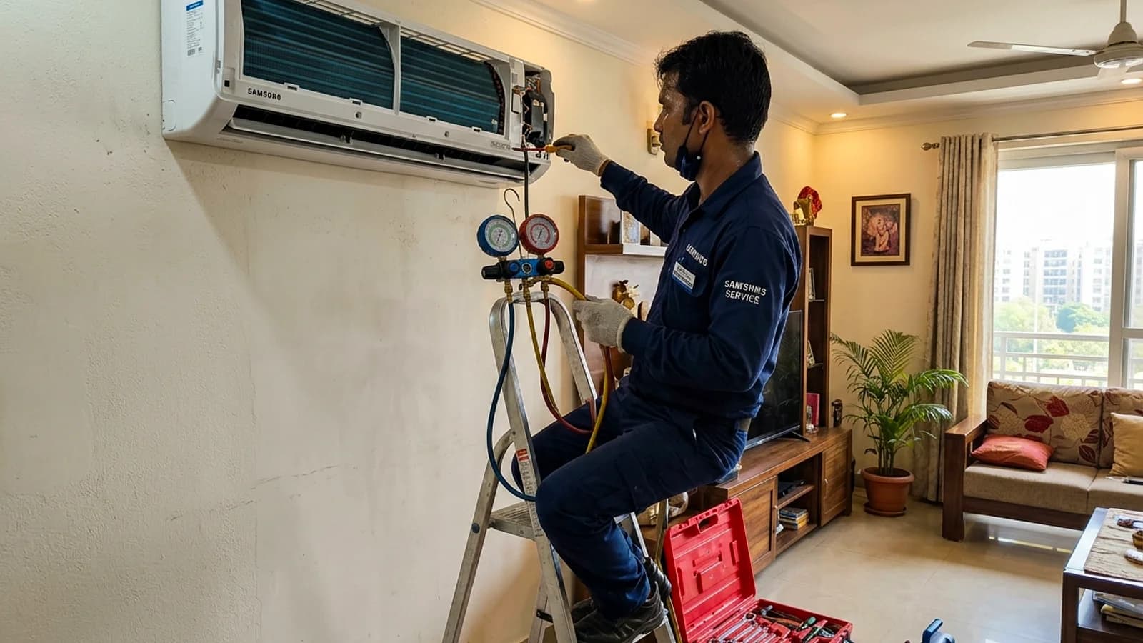 HVAC technician testing inverter cooling circuit in modern Indian apartment
