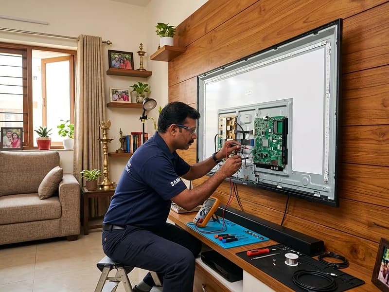 Technician testing television circuit and power board connection in an Indian living room