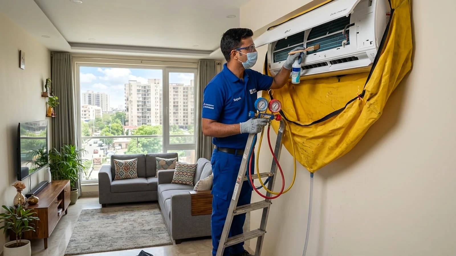 AC specialist servicing Whirlpool 3D Cool Inverter split AC indoor unit in India